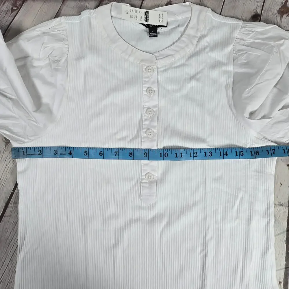 J. Crew Vintage rib puff-sleeve henley top L White BQ896‎